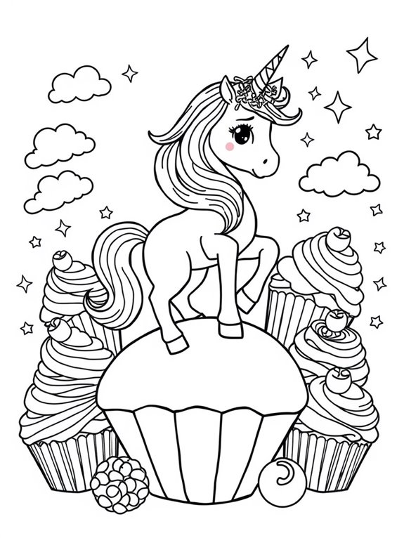 unicorn surrounded by cupcakes