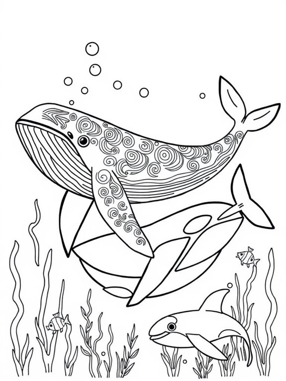 whales swimming coloring page