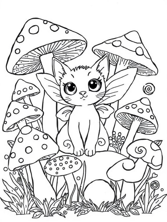 whimsical cat mushroom scene