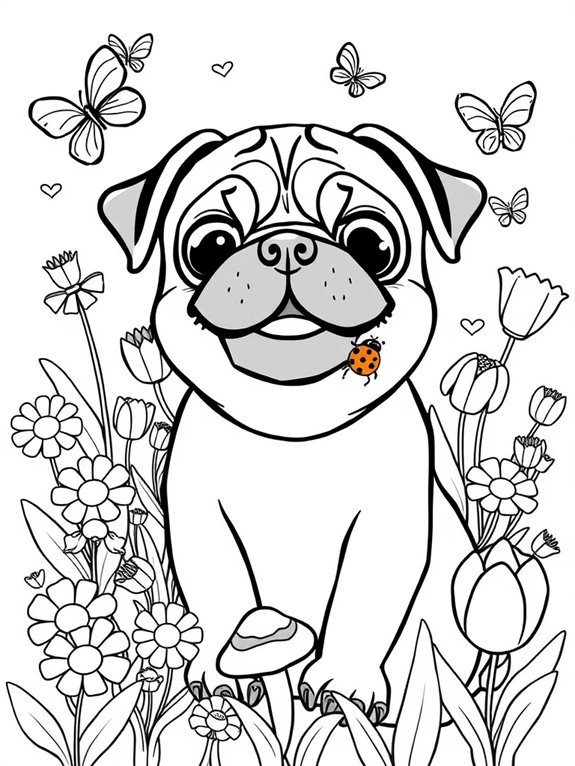 whimsical garden pug illustration