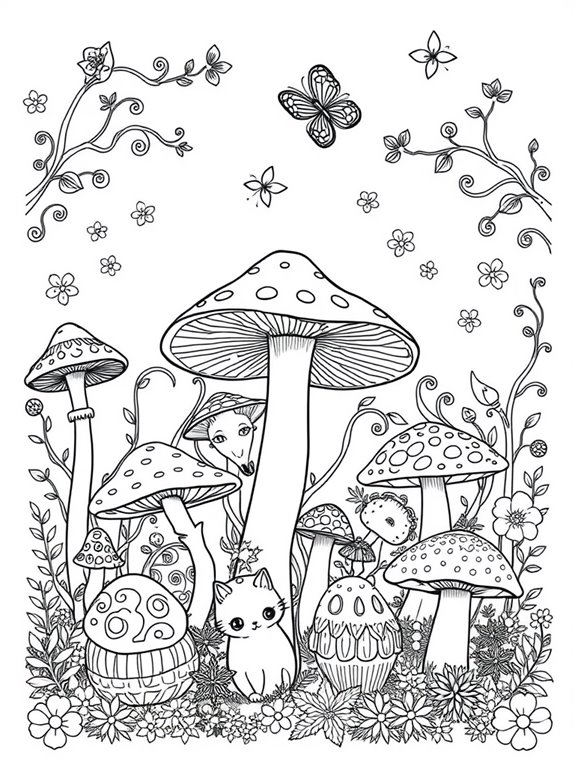 whimsical mushroom coloring page