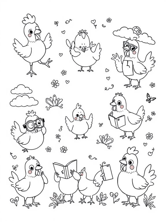 whimsical playful chickens coloring page