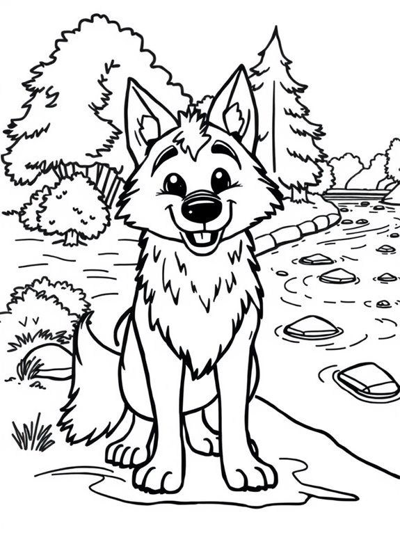 wolf by river coloring page