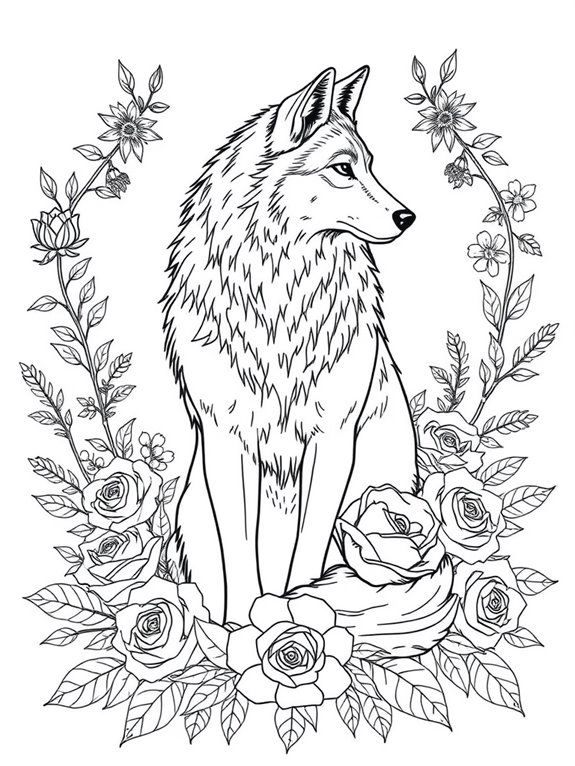 wolves with floral designs