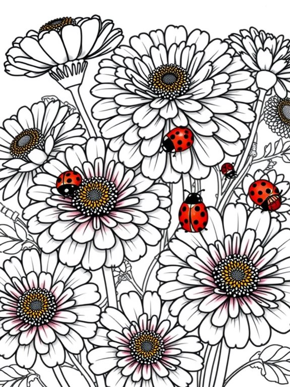 zinnias with ladybugs illustration